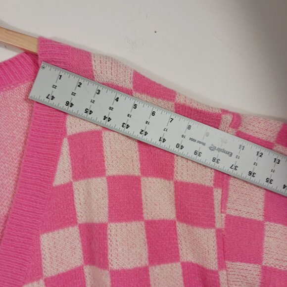BIBI Pink & Ivory Mixed Checkered Oversized Cardigan Sweater Size LRG, Cozy Chic - Picture 12 of 16
